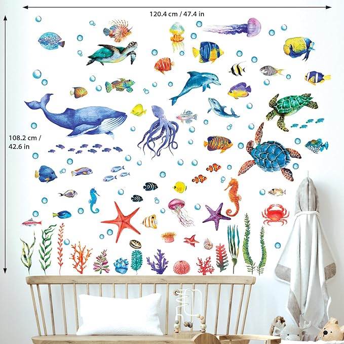 BASHOM DS12-8048 128 Pieces Under The Sea Wall Decals Ocean Fish Stickers Turtle Jellyfish Seaweed Removable for Kids Bedroom Nursery Living Room Home Art Decor Bathroom Baby