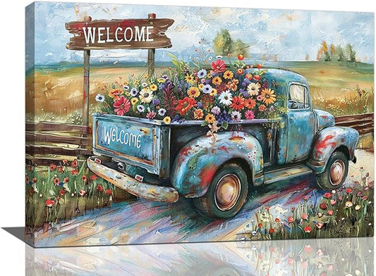Farmhouse Truck Wall Art Rustic Country Wildflowers Wall Decor Road Flowers Landscape Pictures Canvas Print Painting Artwork for Bathroom Living Room Bedroom 16"x24"