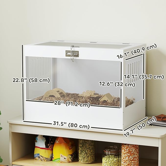 PawHut Hamster Cage with Openable Top & Lock, Transparent Acrylic Panels Small Animal Habitat with Hut, Seesaw, Ladder, for Dwarf Hamster Gerbil, 31.5" x 20" x 23", White
