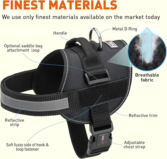 Dogline Dog Harness, Reflective No-Pull Adjustable Vest with Handle for Walking, Training, Breathable, No - Choke Harness for Small, Medium or Large Dogs Room for Patches Girth 15 to 18 in Black