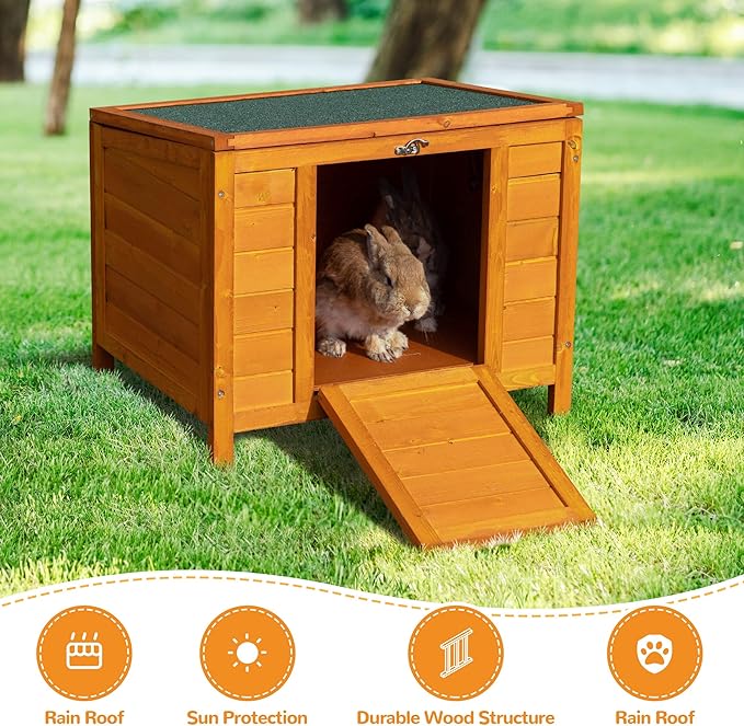COZIWOW 24inches Wooden Catio Outdoor Cat House Small Animal House，Rabbit Hutch Indoor，Stable Weatherproof Bunny Cage Pet Shelter for Small Cat Dog Rabbit Guinea Pig(Orange)