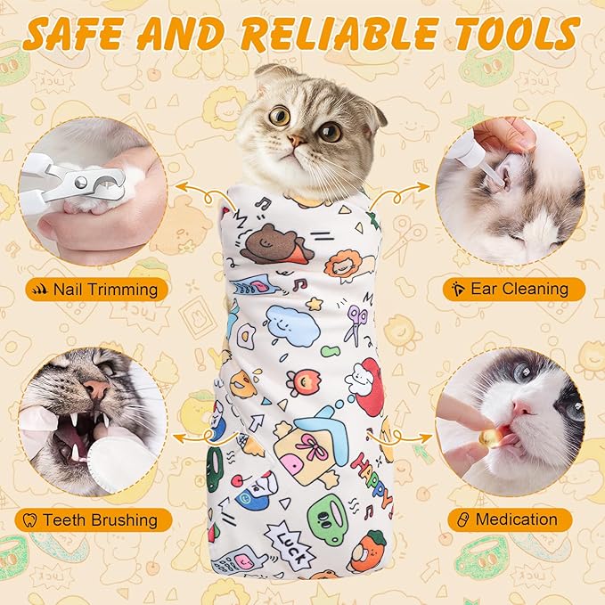 27.6" Cat Wrap for Cutting Nails, Self-Adhesive Cat Grooming Wrap Anti-Escape Cat Restraint for Nail Clipping Cat Swaddle Wrap Cat Wrapping Cloth for Pet Cleaning and Beauty (Within 15lbs)