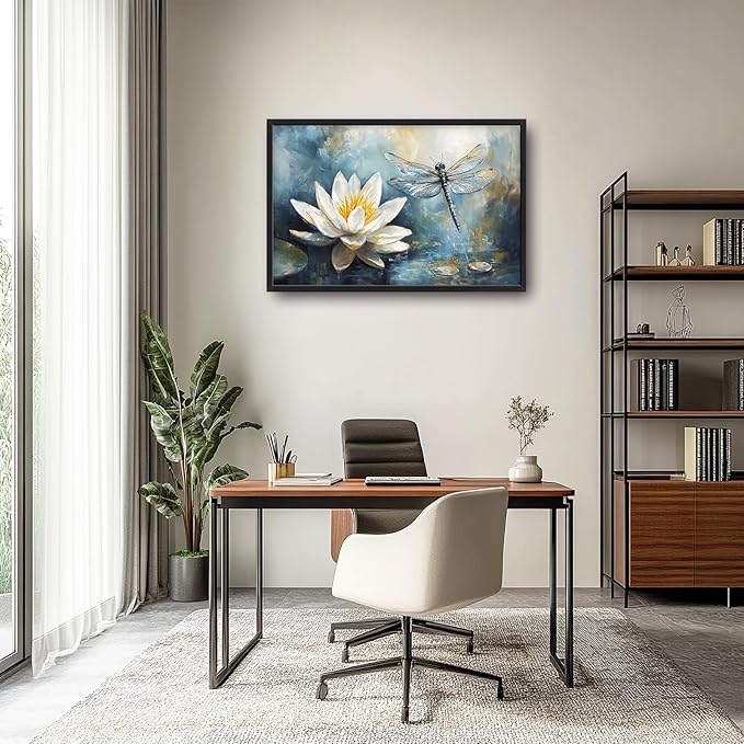 Extra Large Lotus Dragonfly Framed Wall Art for Living Room,Abstract Blue Lotus Flower Lake Pictures Wall Decor,Nature Canvas Print Painting Modern Artwork Bedroom Office Bathroom 36L" x 24W"