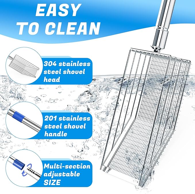 Chicken Poop Scooper, 304 Stainless Steel Shovel Head, 4-in-1 Chicken Litter Scoop with Handle for Chicken Coop & Pet Waste Cleaning, Multifunctional Litter Sifting Shovel(20 to 49")