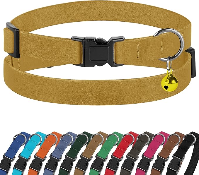 Breakaway Cat Collar Leather with Removable Bell - 13 Colors Available - Soft Adjustable Girl Boy Safety Lightweight Pet Kitten Collars Pink Brown Blue Green Red Orange Black (Mustard)
