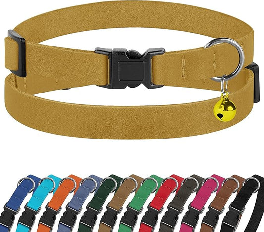 Breakaway Cat Collar Leather with Removable Bell - 13 Colors Available - Soft Adjustable Girl Boy Safety Lightweight Pet Kitten Collars Pink Brown Blue Green Red Orange Black (Mustard)