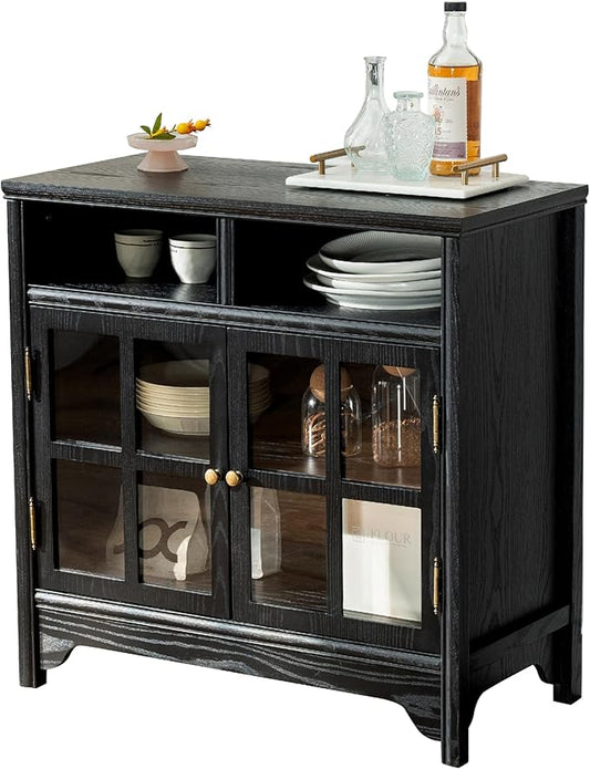 Chogori 31.5" Solid Wood Buffet Cabinet with Storage, Farmhouse Sideboard with 2 Doors, Coffee Bar Cabinet for Dining Room, Kitchen, or Living Room, Black