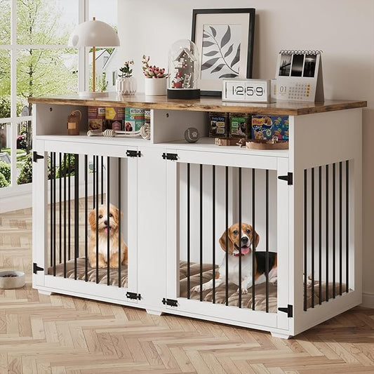 Dog Crate Furniture for 2 Dogs, 55 Inch Dog Crate Indoor with Removable Divider and Shelf Storage, Wooden Dog Crates for Medium/Large Dogs, White