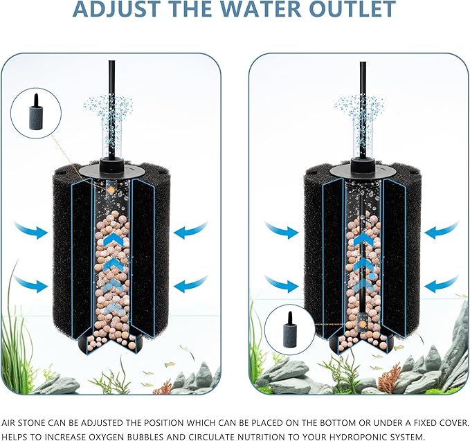 50-60 Gal Aquarium Sponge Filter with Ceramic Media and Bubble Diffuser Quiet Fish Tank Filters fit for Fry Breeding Shrimp Betta Fish Tank