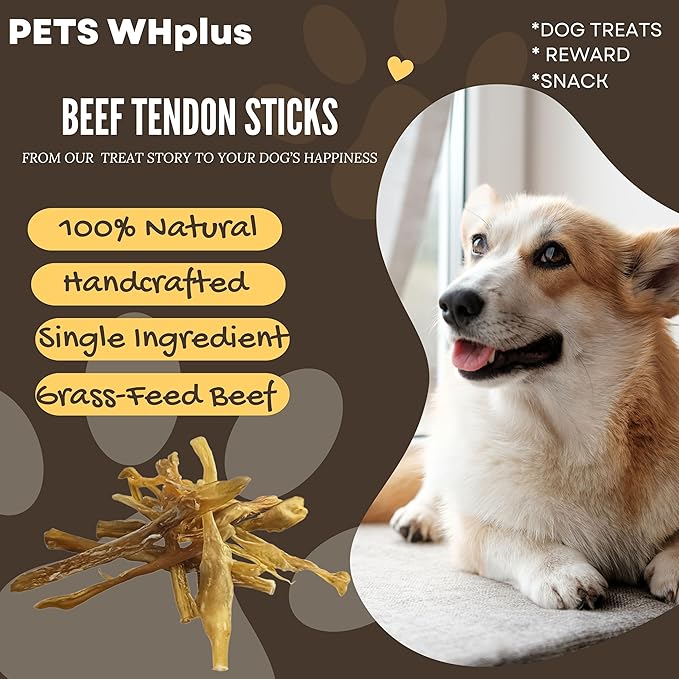 Beef Tendon Dog Treats, Single Ingredient, 100% Natural, Grass-Fed, Long-Lasting Rawhide-Free Chews, Collagen Protein, Dental & Joint Support, 4 oz, Safe & Grain-Free Snack