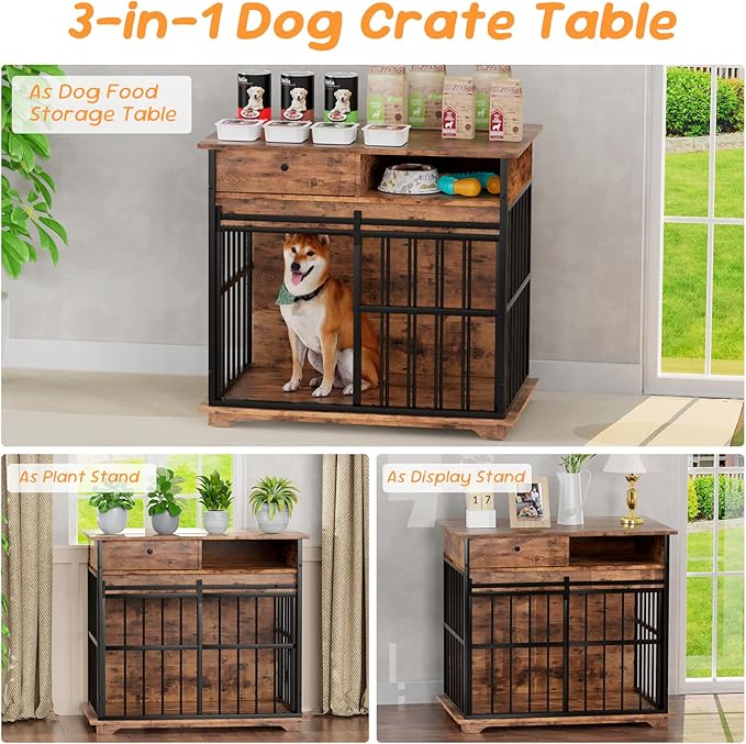 35.5" Dog Crate Furniture, Wooden Dog Crate Furniture for Medium Small Dogs, Wooden Dog Kennel End Table with Drawer and Open Shelves, Sliding Door Dog Kennel Furniture