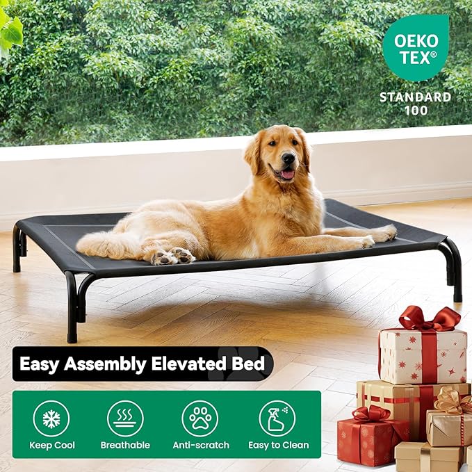 Elevated Dog Bed Raised Outdoor Dog Cot for Medium Dogs, Installation Requires No Tools, Frame with Washable Cooling Breathable Mesh Anti-Slip Feet, Indoor Pet Bed, Black, 35.4 Inches