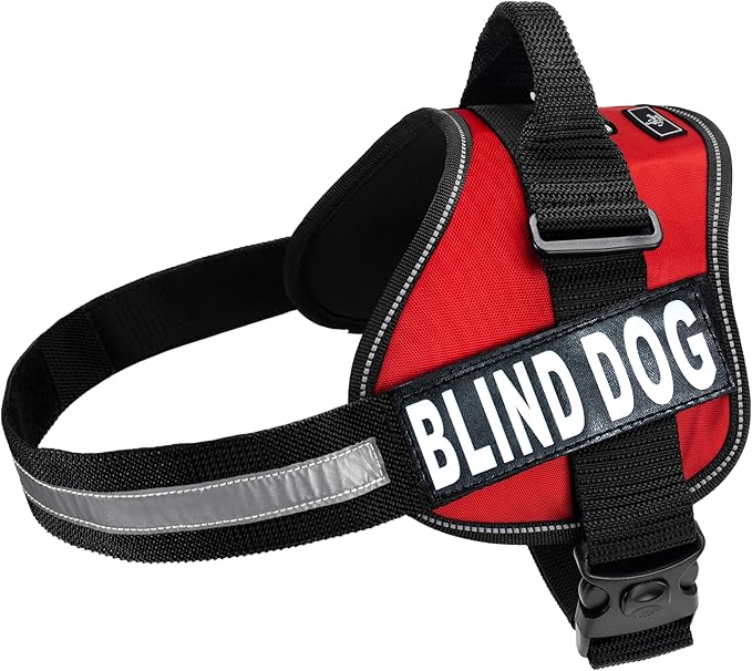 Doggie Stylz Blind Dog Vest Harness with Removable Patches and Reflective Trim. Comes with 2 Blind Dog Reflective Hook and Loop Patches. Measure Dogs Girth Before Purchase (Girth 24”-31" Red)