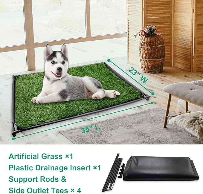 Dog Grass Pad with Tray, 35" X 23" Large Indoor/Outdoor Potty Training Pad, Durable Leak-Proof Tray and Reusable Puppy Grass Pads, Easy Clean Portable Pet Relief System for Small to Medium Dogs