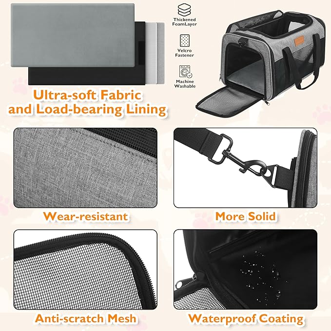 PETUX TSA Approved Pet Carrier in Cabin, 17"x11"x9.5" Soft Cat Carriers for Small Cat up to 12 lb and Puppy up to 10 lb, Top Open Portable Pet Carrier Airline Approved for Travel and Vet Visit (Grey)