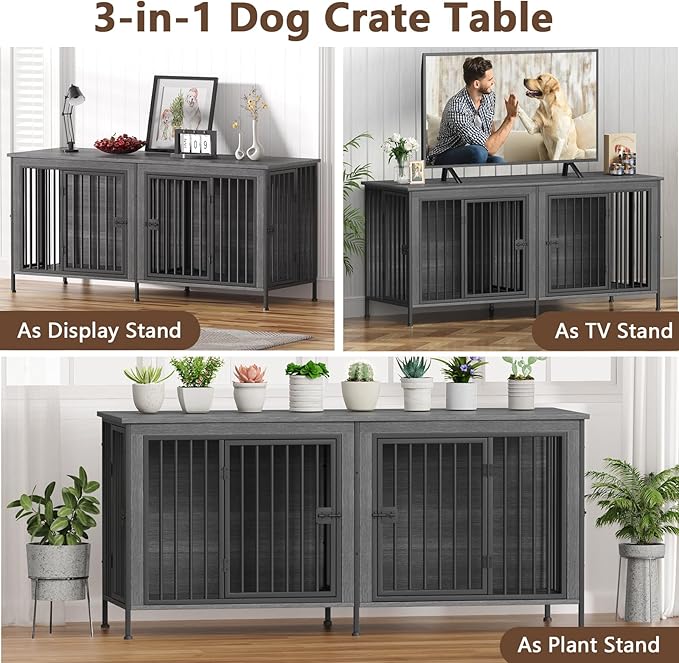 EasyCom 78 Inch Dog Cage Furniture for 2 Pets with Divider, XXL Wooden Double Dog Crate Furniture TV Stand for Mideum and Large Breed, Durable and Sturdy
