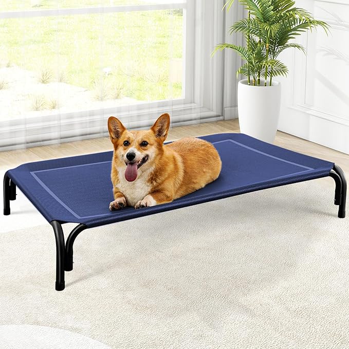 Elevated Dog Bed, Raised Outdoor Dog Bed for Large Sized Dogs, Portable Cooling Pet Cot with Breathable & Washable Mesh, Indoor & Outdoor Pet Hammock with Skid-Resistant Feet.