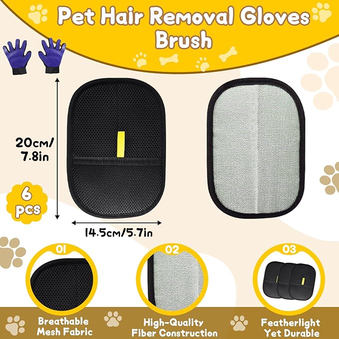 8 Pcs Pet Grooming Gloves for Shedding – 6x Reusable Cat & Dog Hair Removal Gloves+ 1 Pair 2-in-1 Deshedding Brush & Massage Mitt – Safe for Dogs & Cats, Efficient (Blue)