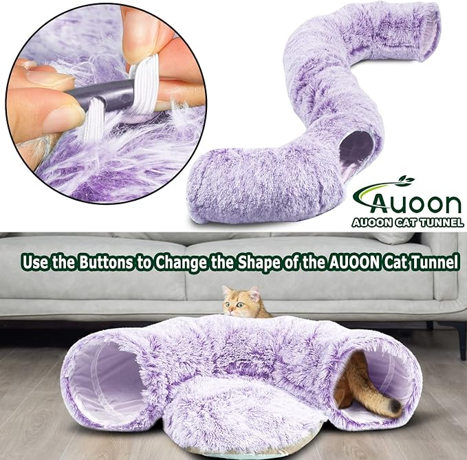 AUOON Cat Tunnel Bed for Indoor Cats - Circle Peekaboo Cat Cave with Washable Mat for Indoor Cats Kitten Kitty Puppy Rabbit Ferret (Purple)
