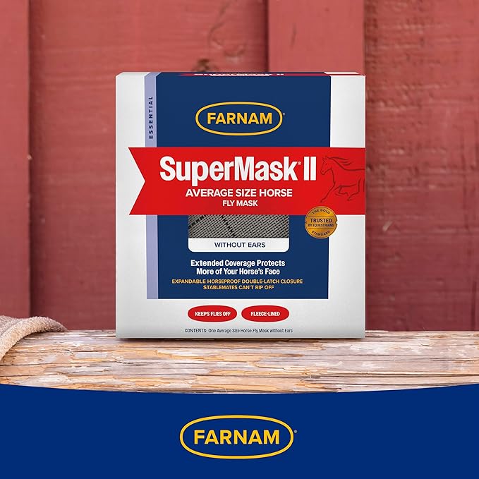 Farnam SuperMask II horse fly mask without ears, extended coverage, protects eyes from insects and debris, adjustable throat latch, Average Horse Size