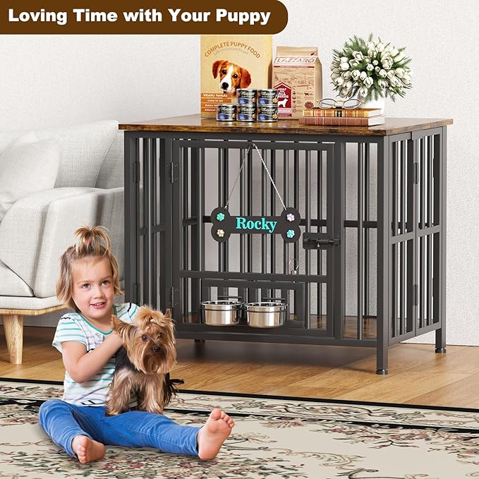 Easycom 31" Dog Crate Furniture Foldable, No Assembly Decorative Dog Kennel Indoor, Dog Crates for Small Dogs (20-40 lbs), Wooden Dog Cage with Adjustable Bowls and Name Tag, End Table, Rustic Brown
