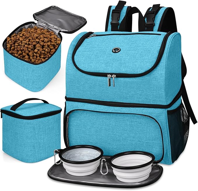 BAGLHER Pet Travel Bag, Double-Layer Pet Supplies Backpack (for All Pet Travel Supplies), Pet Travel Backpack with 2 Silicone Collapsible Bowls and 2 Food Baskets Sky Blue