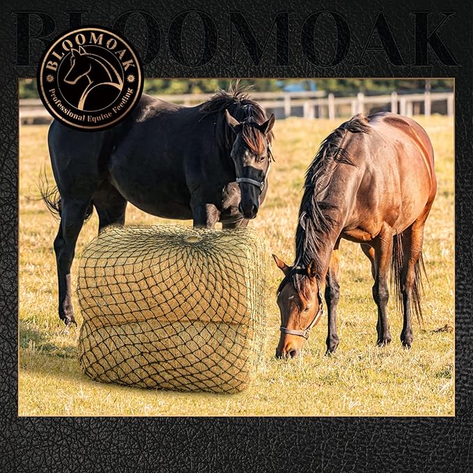 Bloomoak Slow Hay Net Feeder for Horses, Durable Soft Black PE 2/3 String Hay Bales Bags, Fit 36x18x18 to 47x25x17 Inches, Extends 50-64 Inches (2 1.6" Hole/2PC)