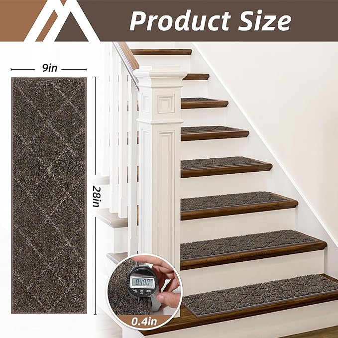 COSY HOMEER Edging Stair Treads Non-Slip Carpet Mat 28inX9in Indoor Stair Runners for Wooden Steps, Edging Stair Rugs for Kids and Dogs, 100% Polyester TPE Backing (7pc, Brown)