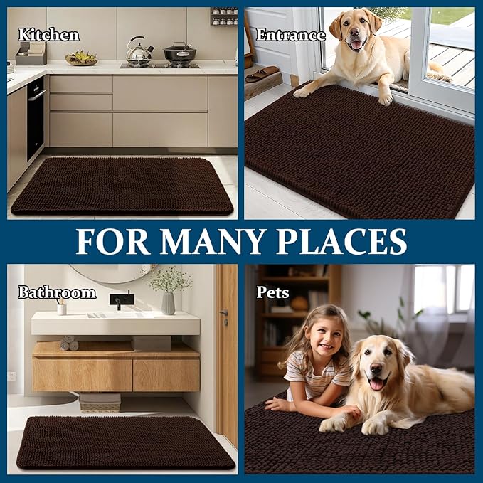OLANLY Dog Door Mat Set 4-Piece 30x20, Absorbs Moisture and Dirt, Absorbent Non-Slip Washable Doormat, Quick Dry Chenille Mud Mat for Dogs, Entry Indoor Entryway Carpet for Inside Floor, Brown