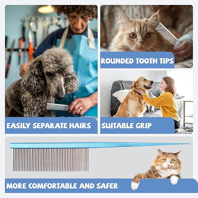 Grooming Pet Comb Rat Tail Dematting Cat and Dog Comb，Rounded Ends Design for Safe Tangle Removal, Hairstyling, Massage，Loose Hair Removal，Prevent Irritation，Fluffing Paws,Face,Tail,Remove Tear Stain