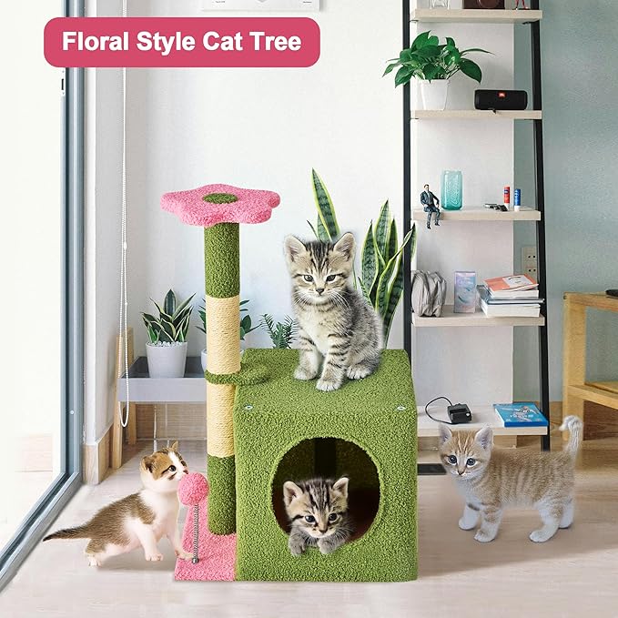 24 Inch Cat Tree Condo for Indoor Cats with Floral Sisal Scratching Post, Plush Hang Ball Play Furniture for Kittens Cats, Pink