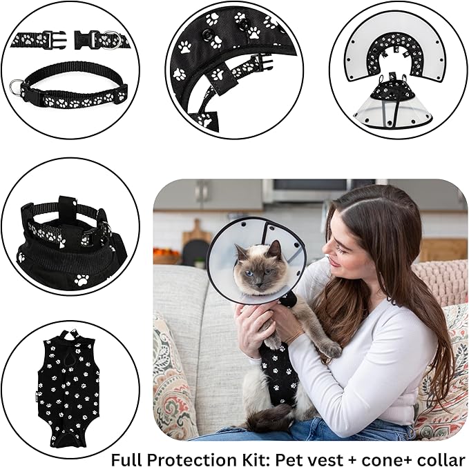 Cat Recovery Cone Kit Post Surgical Soft Pet Vest, Collar, and Non-Irritating Protection Cone for Cats - Comfortable Injury Care Solution (Black with White Paws, Small)