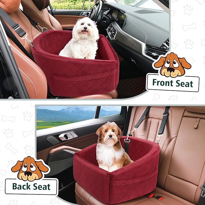 Dog Car Seat for Small Medium Dogs,Detachable Washable Dog Booster Seat Under 30lbs, Pet Car Seats Travel Bed with Storage Pockets and Safety Belt(Red)