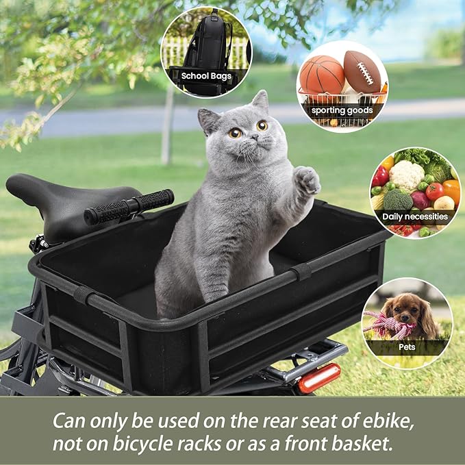 AWQM Large Ebike Basket, Waterproof Metal Electric Bicycle Basket, Quick Assemble Bike Accessories Rear Cargo Rack for Picnic, Pet, Sports