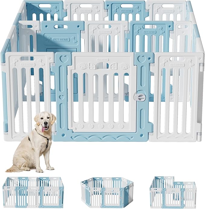 2 Room Dog Playpen with Door,DIY Shape Combination Puppy Pen,16-Panel+2 Link Piece+Large Door+Small Door,25.5" H Dog Fence,Non-Slip&Secure Pet Gate,Easy to Assemble,Blue+White