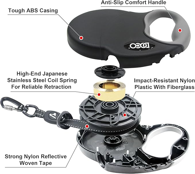 DOCO Retractable Dog Leash for Large Dogs (Length - 16’, Weight - Upto 45lb) Reflective Tape Lead with Stop and Lock Control, Tangle Free 360° Swivel Snap & Anti-Slip Grip (Red, Medium)