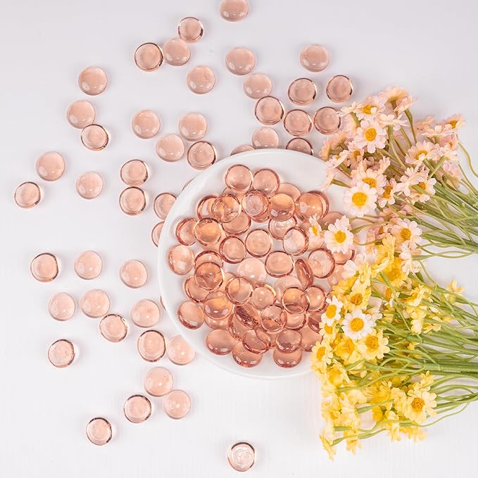 Glass Marbles, 0.97 LB Transparent and Smooth Flat Glass Beads for Vases, Mosaic Gem Pebbles for Aquarium Decor, Floral Arrangements, Mancala Stones, Vase Filler and Crafts, Pink