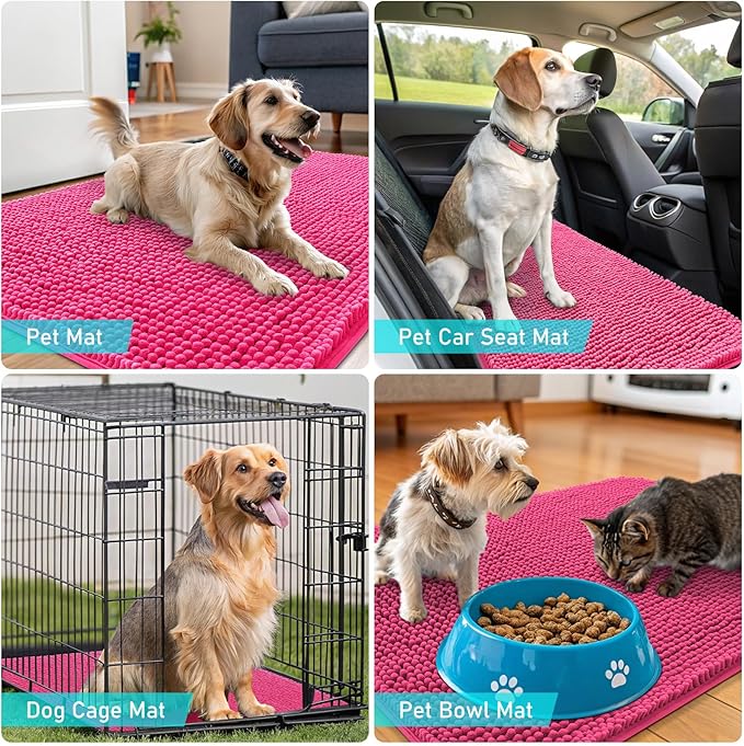 OLANLY Dog Door Mat for Muddy Paws 59x32, Absorbs Moisture and Dirt, Absorbent Non-Slip Washable Doormat, Quick Dry Chenille Mud Mat for Dogs, Entry Indoor Entryway Carpet for Inside Floor, Hot Pink