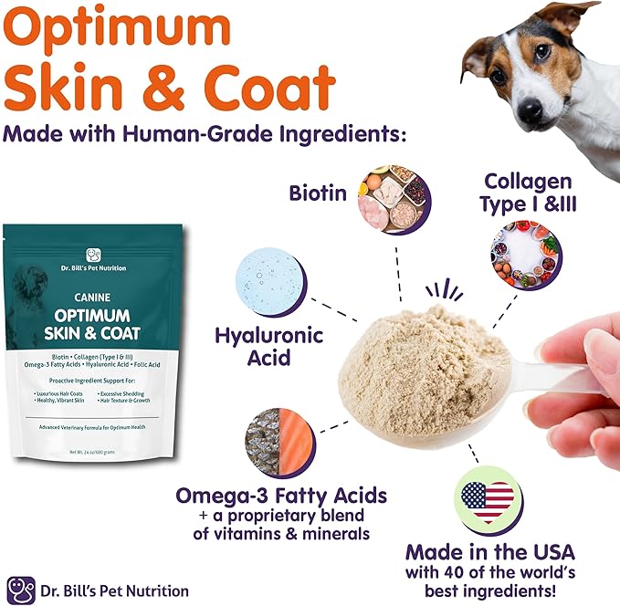 Dr. Bill's Canine Optimum Skin & Coat – Reduces Shedding, Itching, Dry Skin – Allergy Relief for Healthy Fur - Omega 3, Collagen, Biotin & Hyaluronic Acid – 680g Vet-Recommended Dog Supplement