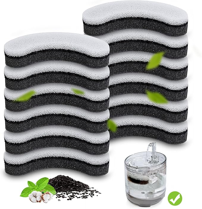 Cat Water Fountain Filter,Arc-Shaped Sponge Activated Carbon Cat Fountain Filter Replacement Filters Compatible WF050 & WF100 Automatic Pet Water Fountain (12 Pack)