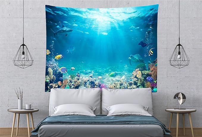 Loccor Underwater World Tapestry Blue Ocean Wall Hanging Under the Sea Coral Reef Wall Tapestry Tropical Fish Tank Undersea Tapestries Marine Wall Art for Bedroom Living Room Dorm Decor 60X40 Inches
