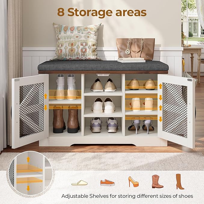 Farmhouse Storage Bench with Cushion, Metal and Wood Shoe Rack Organizer, Adjustable Shelf, Shoe Cabinet with Half Hidden Storage Space, for Entryway, Bedroom, Living Room (Old White, 31.4in)