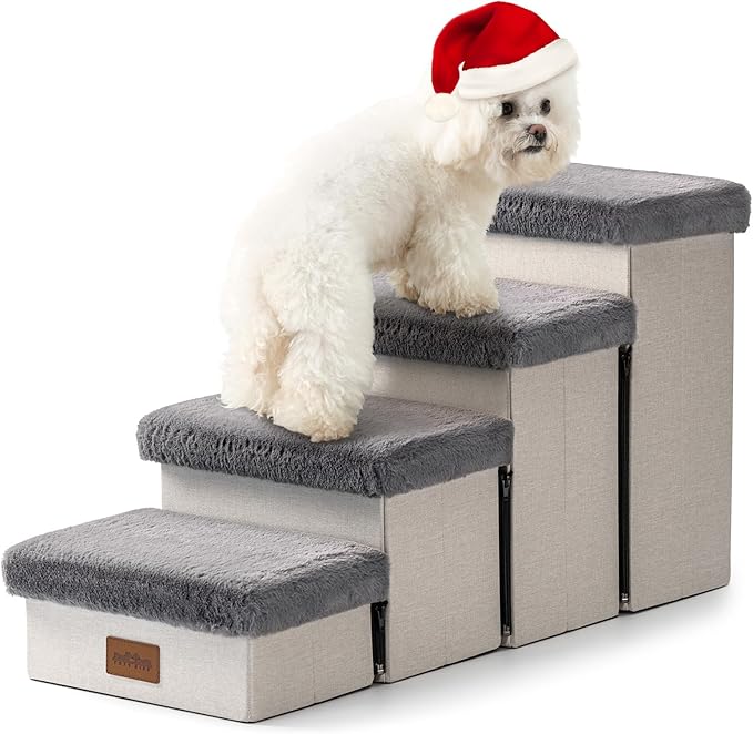 Dog Stair for Small Dogs with Storage, Foldable Pet Step with Soft Cover, Older Cat Ramp for Chair Couch Sofa, Lightweight, Durable, Comfort, 33x13x17.7 inch, 4 Tiers Grey