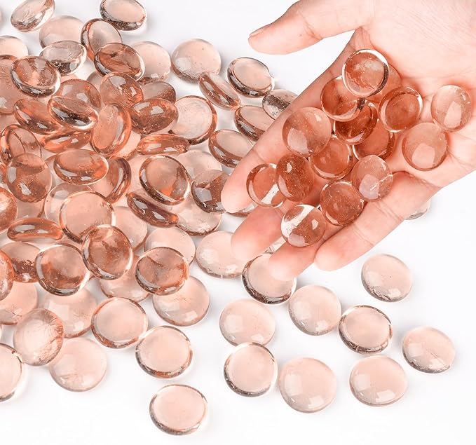 Glass Marbles, 0.97 LB Transparent and Smooth Flat Glass Beads for Vases, Mosaic Gem Pebbles for Aquarium Decor, Floral Arrangements, Mancala Stones, Vase Filler and Crafts, Pink
