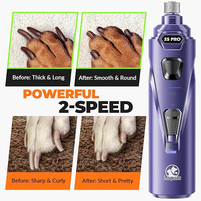 Dog Nail Grinder with 2 LED Lights Powerful 2 Speeds Super Quiet Dog Nail Trimmers with 3 Grinding Wheels Rechargeable Pet Dog Nail Clippers for Large Medium Puppy Dogs Dog Nail File Cat Nail Clipper
