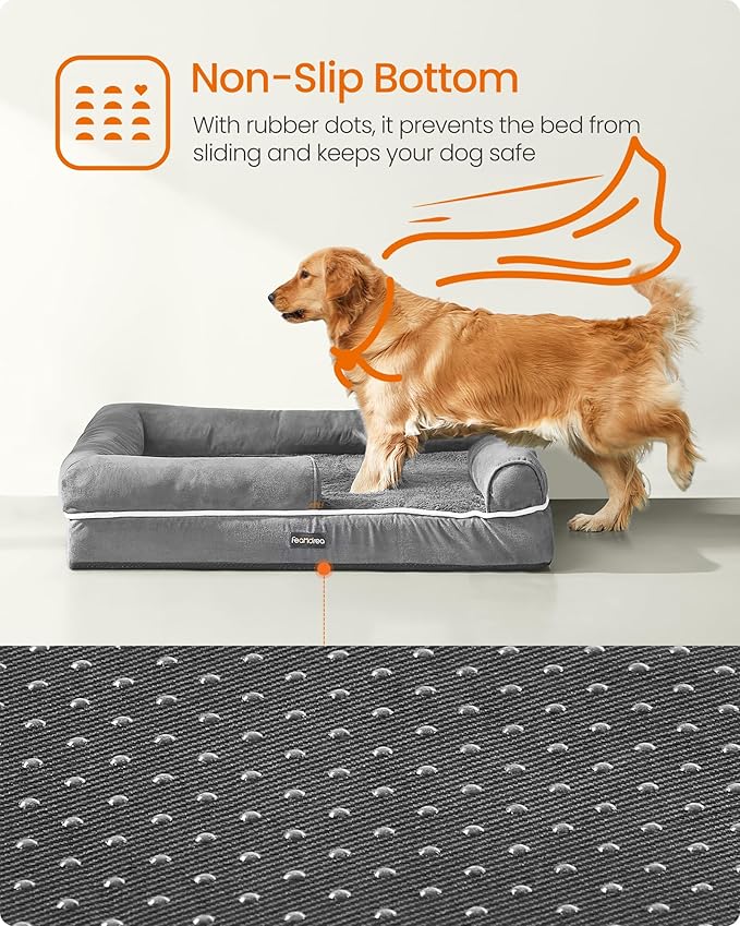 Feandrea Dog Bed, Orthopedic Large Waterproof Bed, Removable Washable Cover Dog Sofa with Non-Slip Bottom, Raised Edges, 42 x 32 x 8 Inches, Light Gray UPGW077G02V1