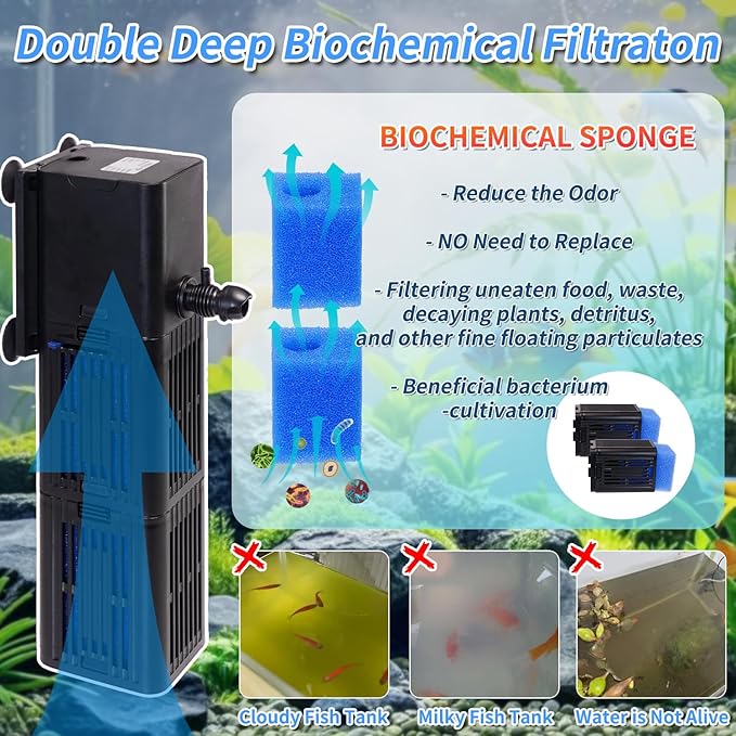 Aquarium Filter Water Flow Adjustable for 75-200 Gallon Fish Turtle Tank 400GPH Biochemical Filtration 4in1 Submersible Internal Powerful Pumps & Filters Keep Freshwater Saltwater Crystal Clear Large