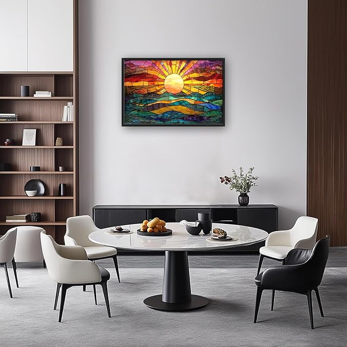 Quorin Boho Sun Large Wall Art Colorful Pictures Abstract Geometric Sun Sunset Sea Wall Decor Modern Canvas Print Painting Artwork for Dining Room Living Room Bedroom 36L x 24W