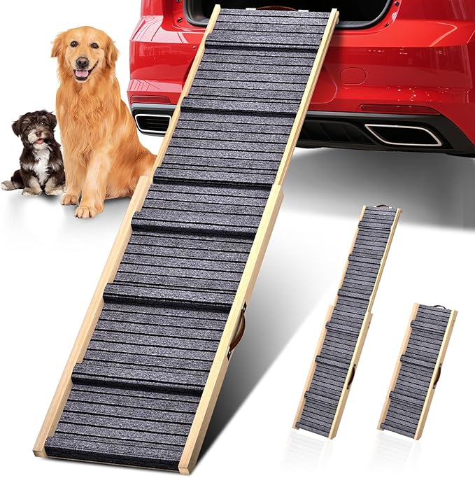 Dog Ramp for Car, 71''x 17'' Extra Long Deluxe Telescoping Design Wooden Pet Ramp, Pet Stair Ramps for Truck SUV with Non-Slip Surface, Portable Outdoor Dog Steps for Medium Large Dogs, Up to 250LBS