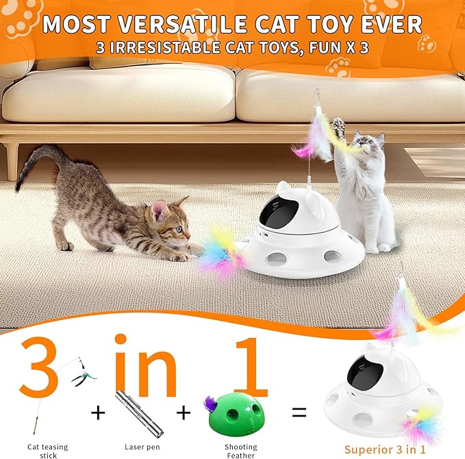 Cat Laser Toy,Automatic Laser cat Toy 3-in-1 Interactive Automatic Motion Activated Moving 6 Holes Whack A Mole Feather, USB Rechargeable Electronic Smart Sensor Kitten Toys for Indoor Exercise